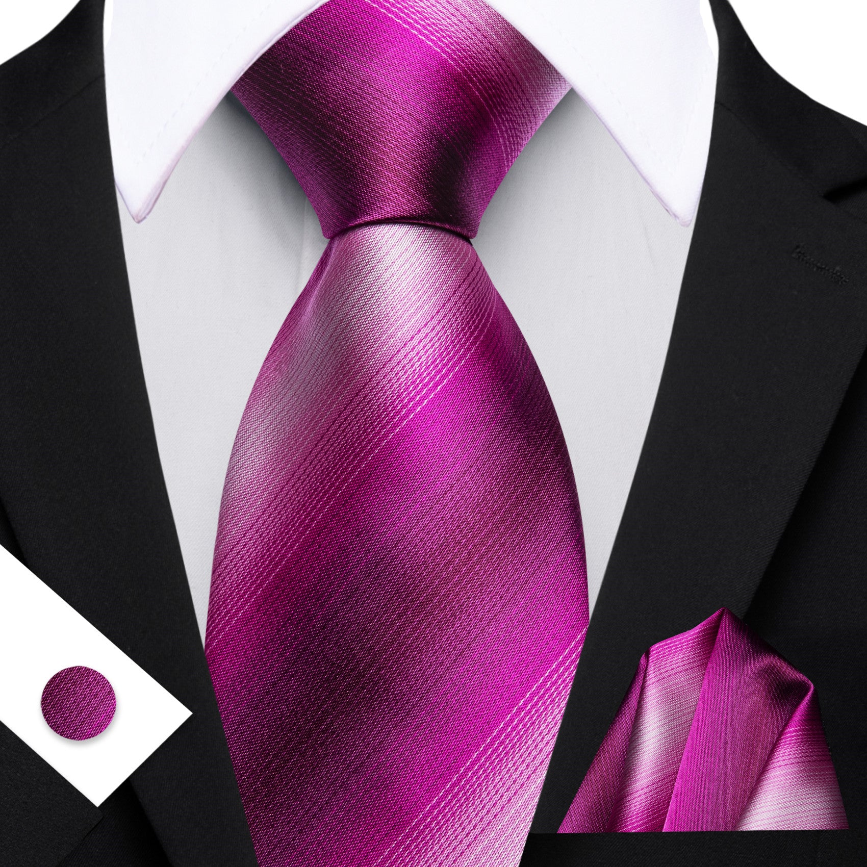 Barry. Wang Deep Hot Pink Tie Striped Silk Mens Tie Pocket Square Cufflinks Set