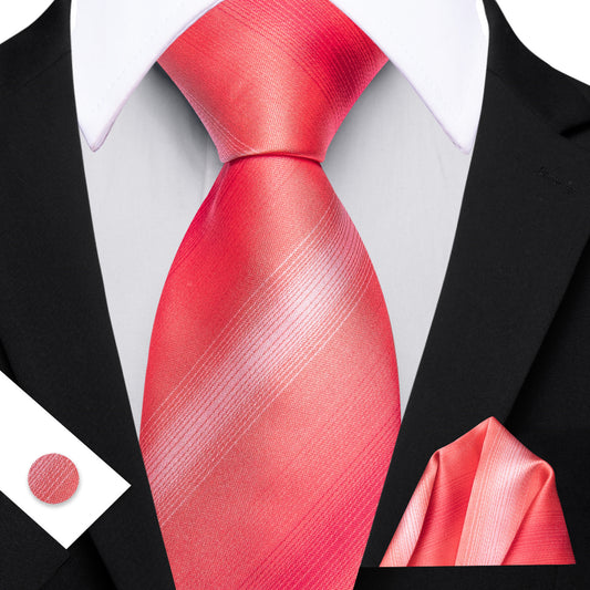 Barry. Wang Mens Coral Striped Tie Pocket Square Cufflinks Set