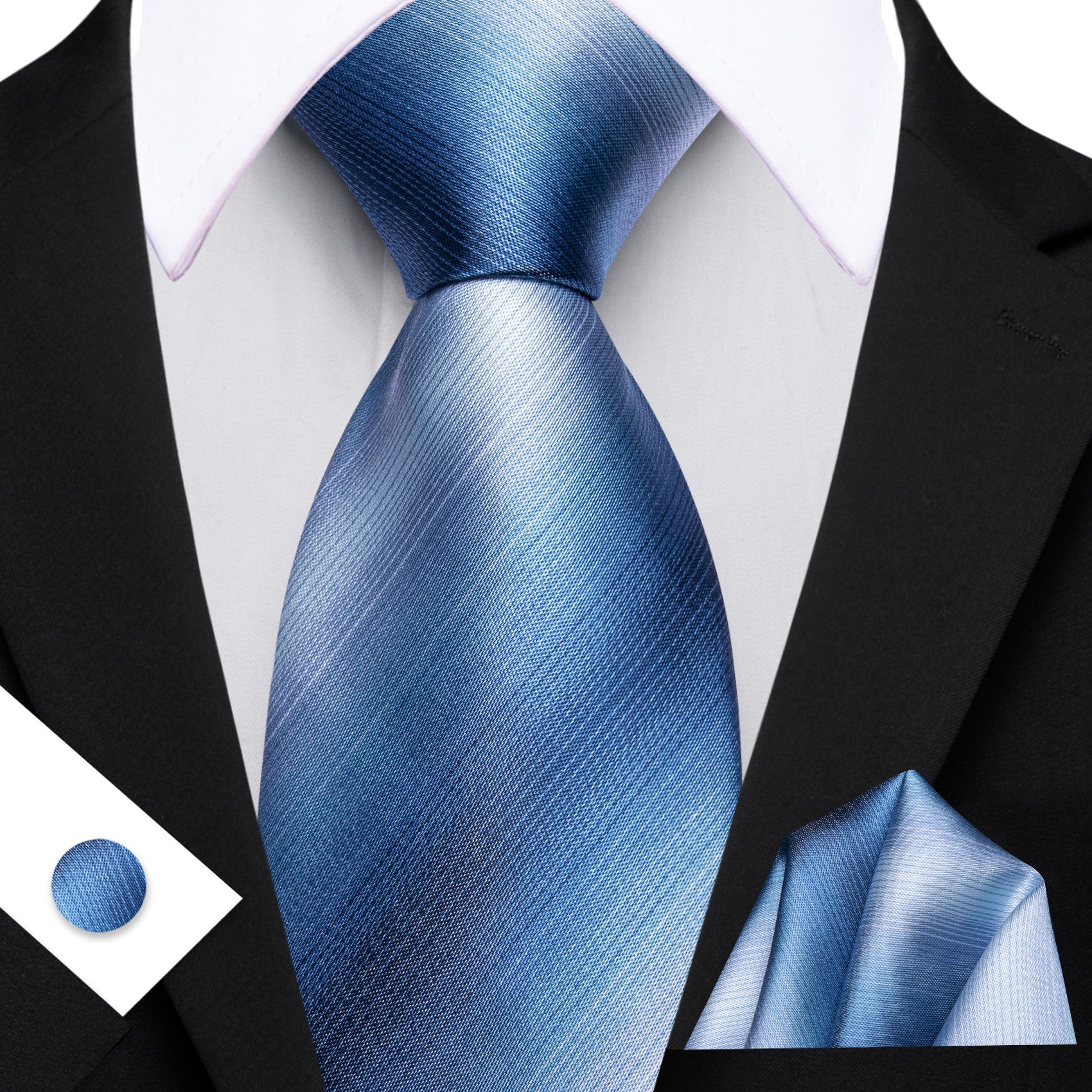 Barry. Wang Mens Dusty Blue Tie Striped Tie Pocket Square Cufflinks Set