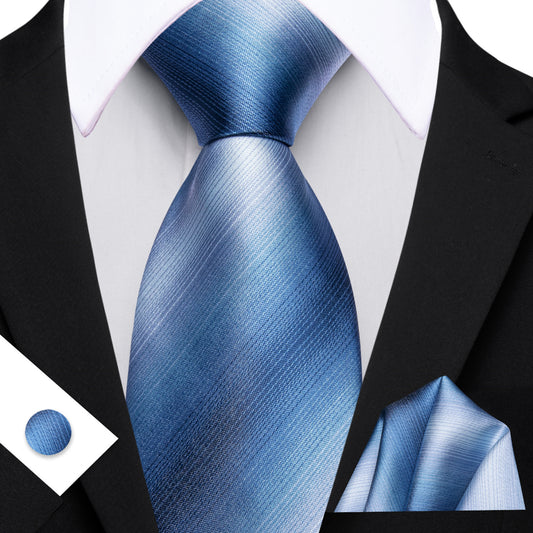 Barry. Wang Mens Dusty Blue Tie Striped Tie Pocket Square Cufflinks Set