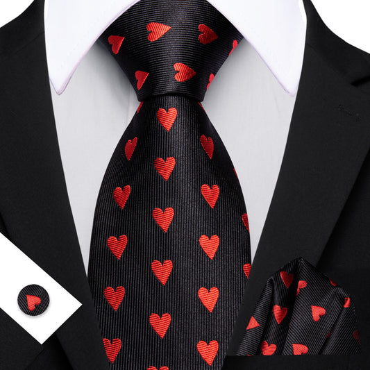 Barry. Wang Black Tie Red Heart Novelty Mens Tie Hanky Cufflinks Set