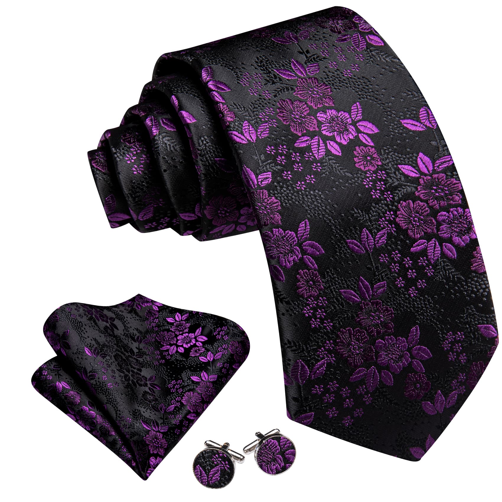 Dark Orchid Jacquard Floral Black Tie Hanky Cufflinks Set