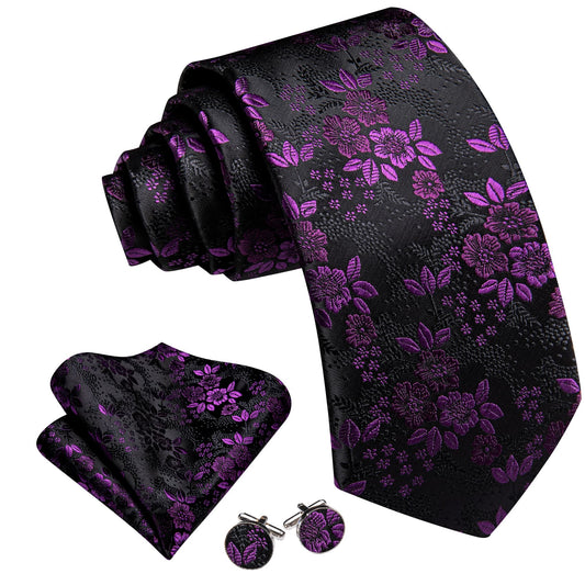 Dark Orchid Jacquard Floral Black Tie Hanky Cufflinks Set