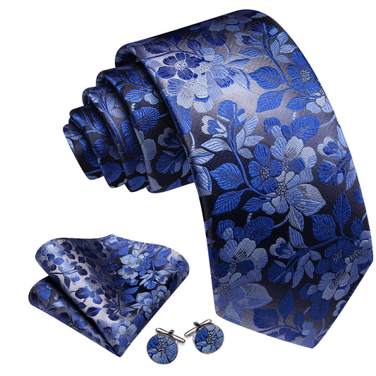 Barry. Wang Floral Necktie Royal Blue Silk Tie Pocket Square Cufflinks Set