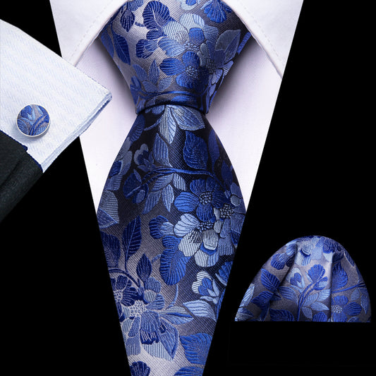 Barry. Wang Floral Necktie Royal Blue Silk Tie Pocket Square Cufflinks Set