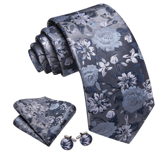 Barry. Wang Floral Tie Ice Blue Silk Necktie Hanky Cufflinks Set