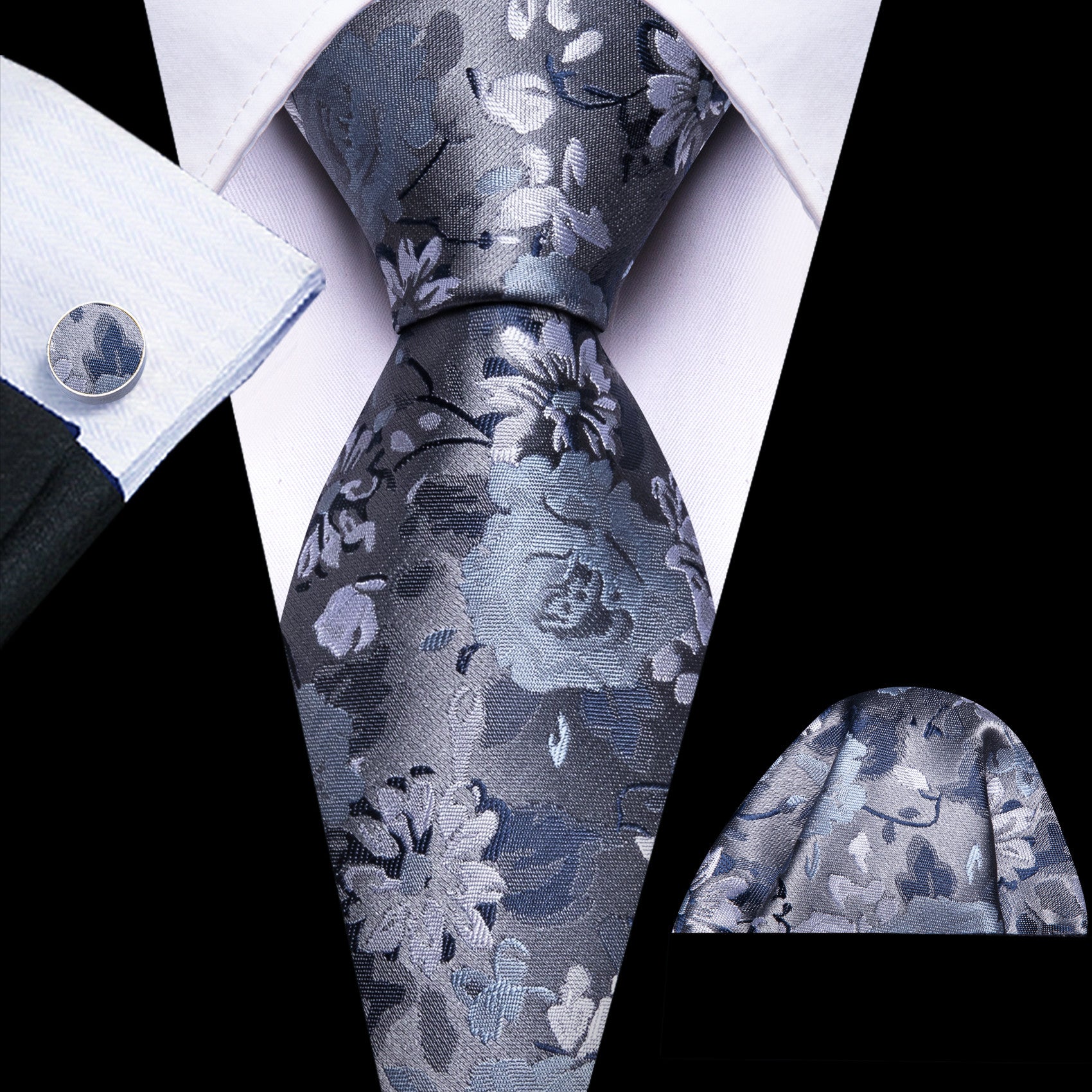 Barry. Wang Floral Tie Ice Blue Silk Necktie Hanky Cufflinks Set