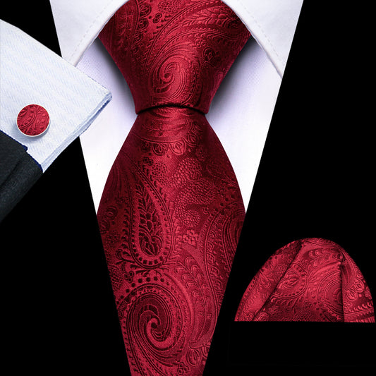 Barry. Wang Burgundy Tie Paisley Silk Mens Tie Pocket Square Cufflinks Set