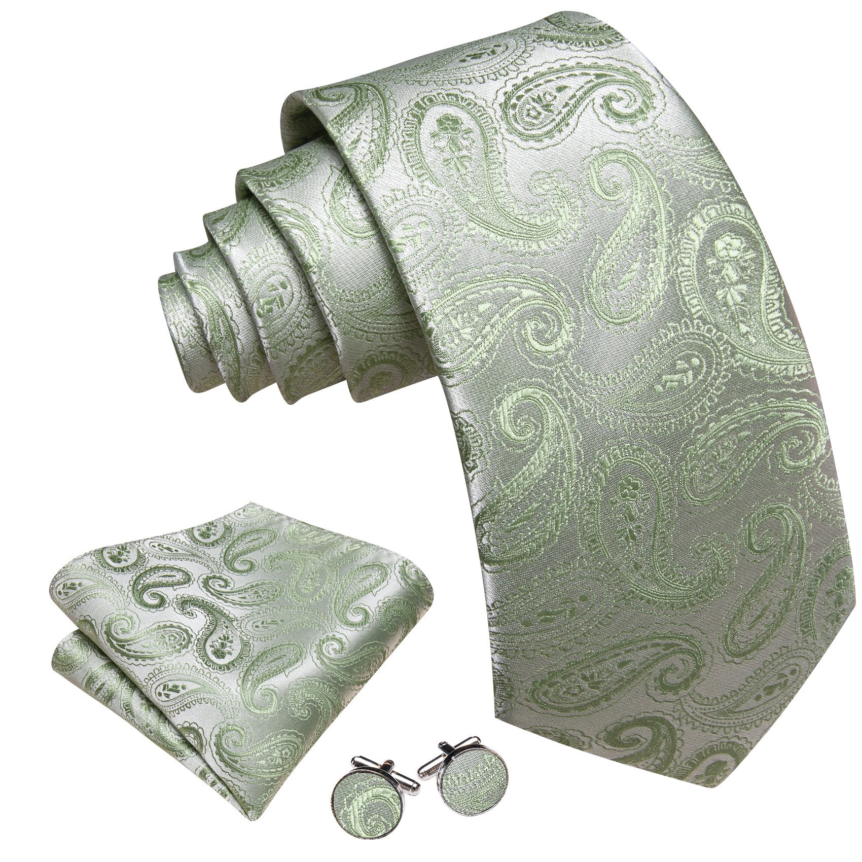 Barry. Wang Sage Green Paisley Tie Silk Wedding Necktie Pocket Square Cufflinks Set