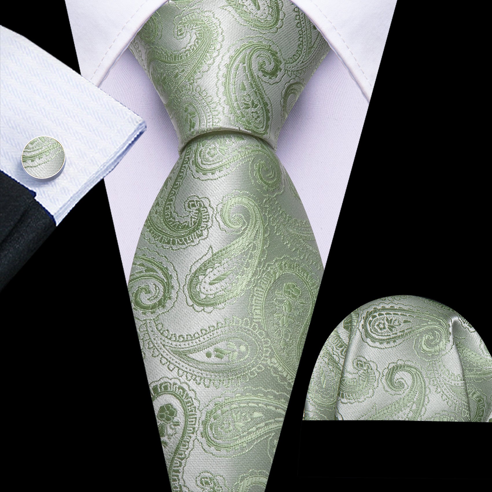 Barry. Wang Sage Green Paisley Tie Silk Wedding Necktie Pocket Square Cufflinks Set