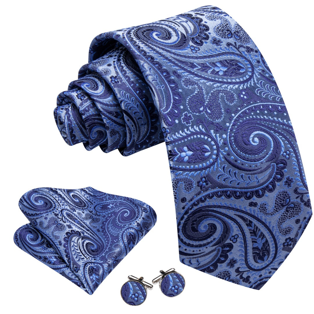 Barry. Wang Blue Paisley Tie Pocket Square Cufflinks Set Silk Ties for Men