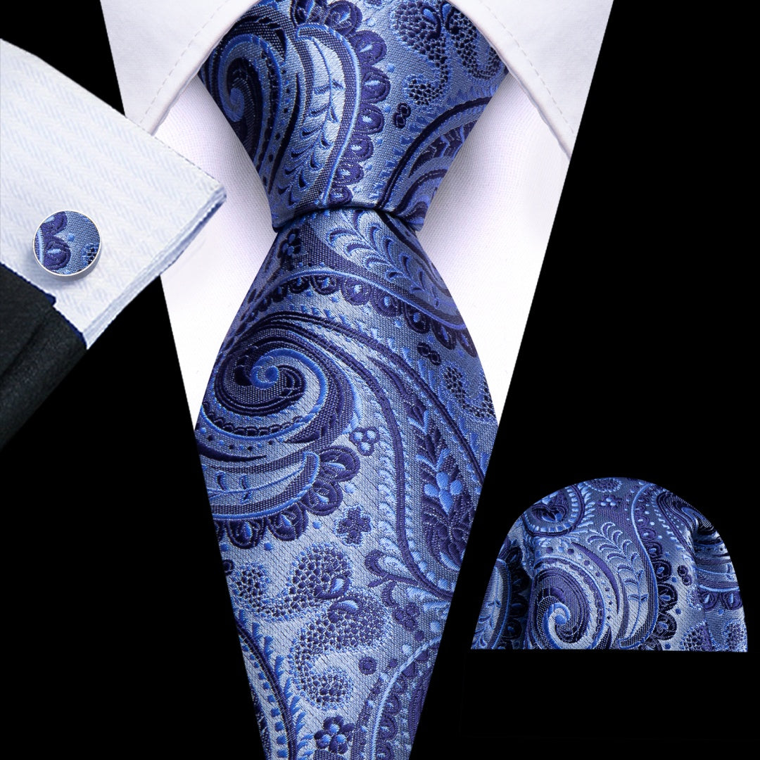 Barry. Wang Blue Paisley Tie Pocket Square Cufflinks Set Silk Ties for Men