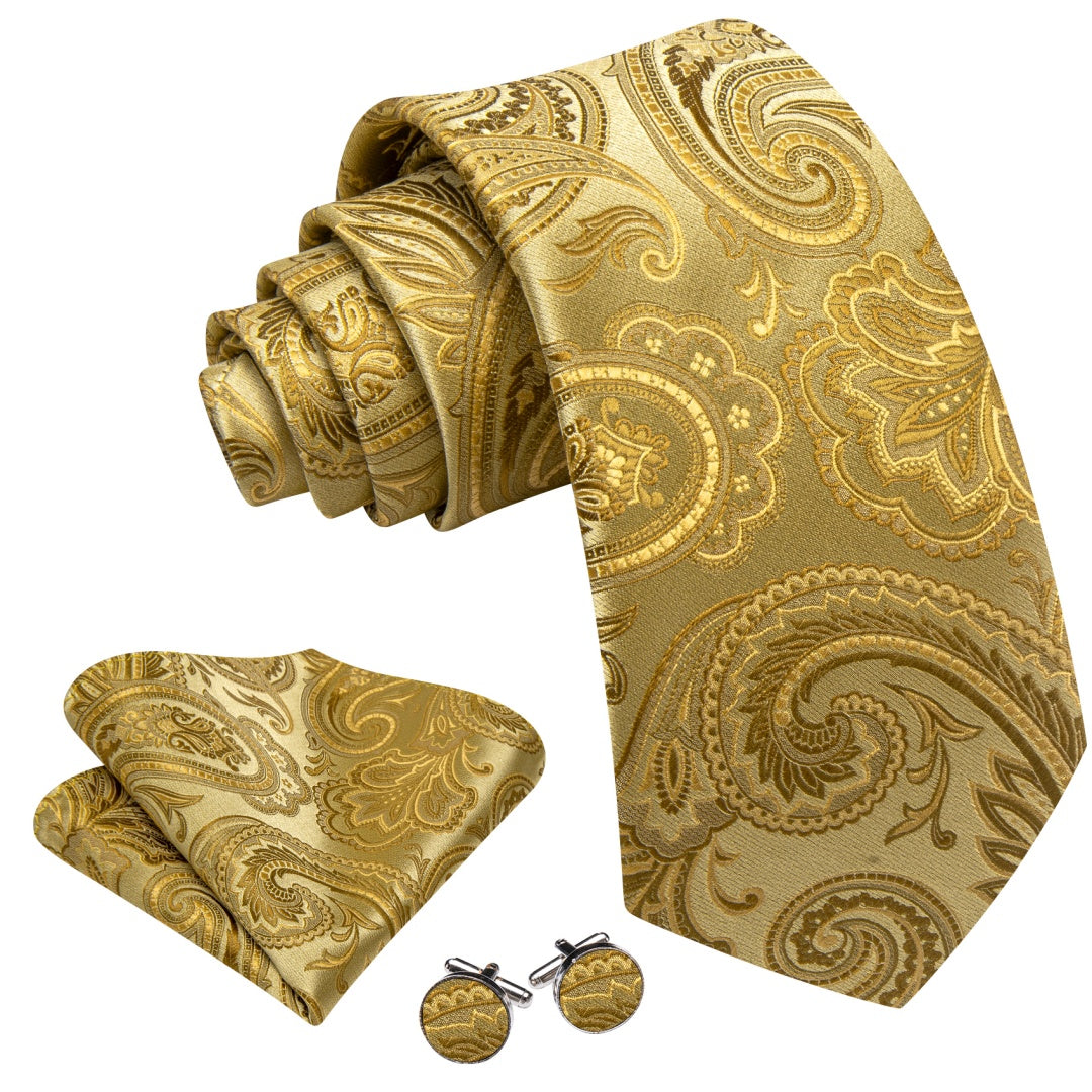 Barry. Wang Golden Paisley Tie Pocket Square Cufflinks Set Silk Ties for Men