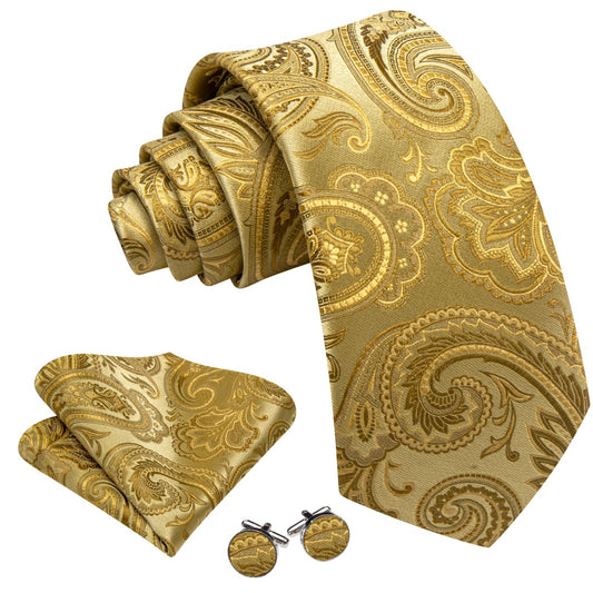 Barry. Wang Golden Paisley Tie Pocket Square Cufflinks Set Silk Ties for Men