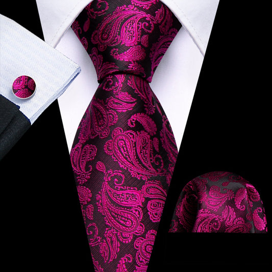 Barry. Wang Magenta Paisley Tie Pocket Square Cufflinks Set Silk Mens Ties