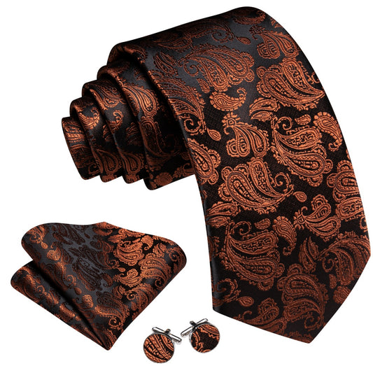 Barry. Wang Sik Paisley Tie Chocolate Brown Tie Pocket Square Cufflinks Set