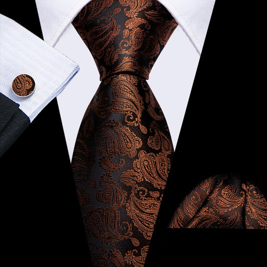 Barry. Wang Sik Paisley Tie Chocolate Brown Tie Pocket Square Cufflinks Set