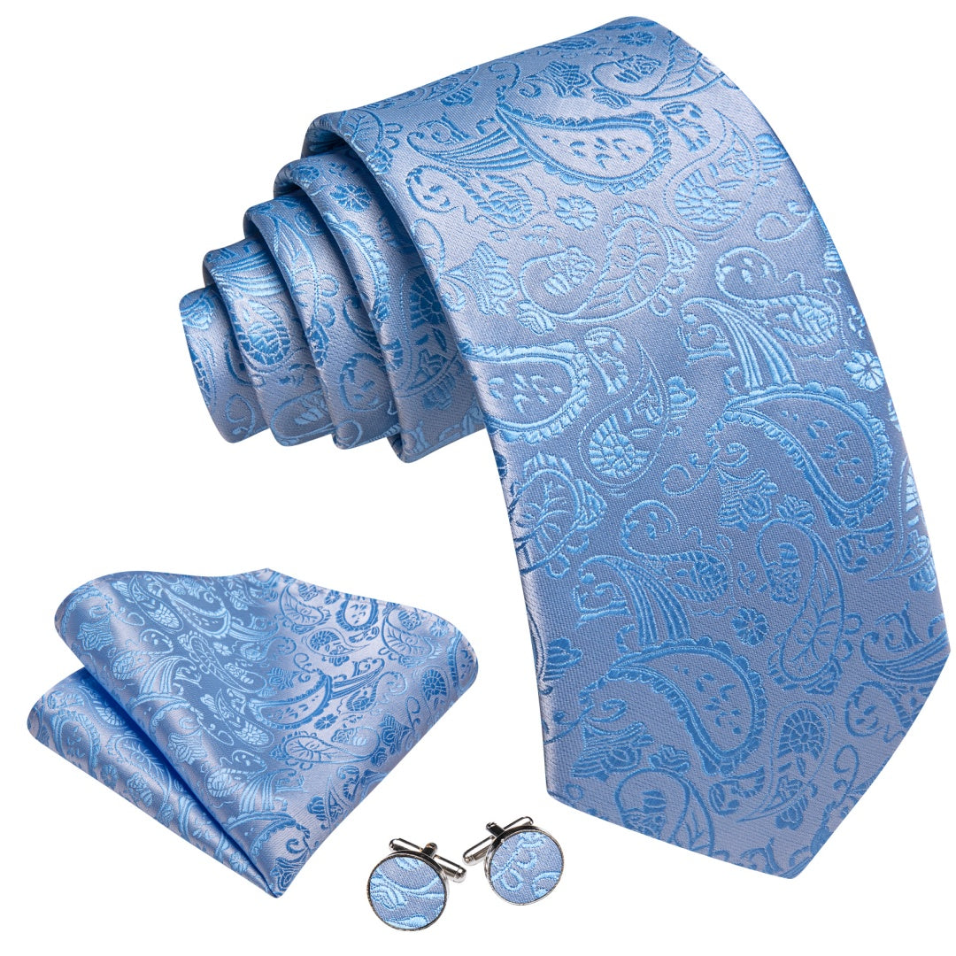 Barry. Wang Silk Light Blue Paisley Ties for Men Wedding Necktie Set