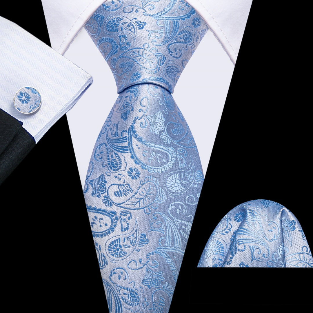 Barry. Wang Silk Light Blue Paisley Ties for Men Wedding Necktie Set