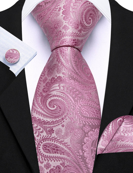 Barry. Wang Pink Tie Paisley Tie Silk Tie Pocket Square Cufflinks Set