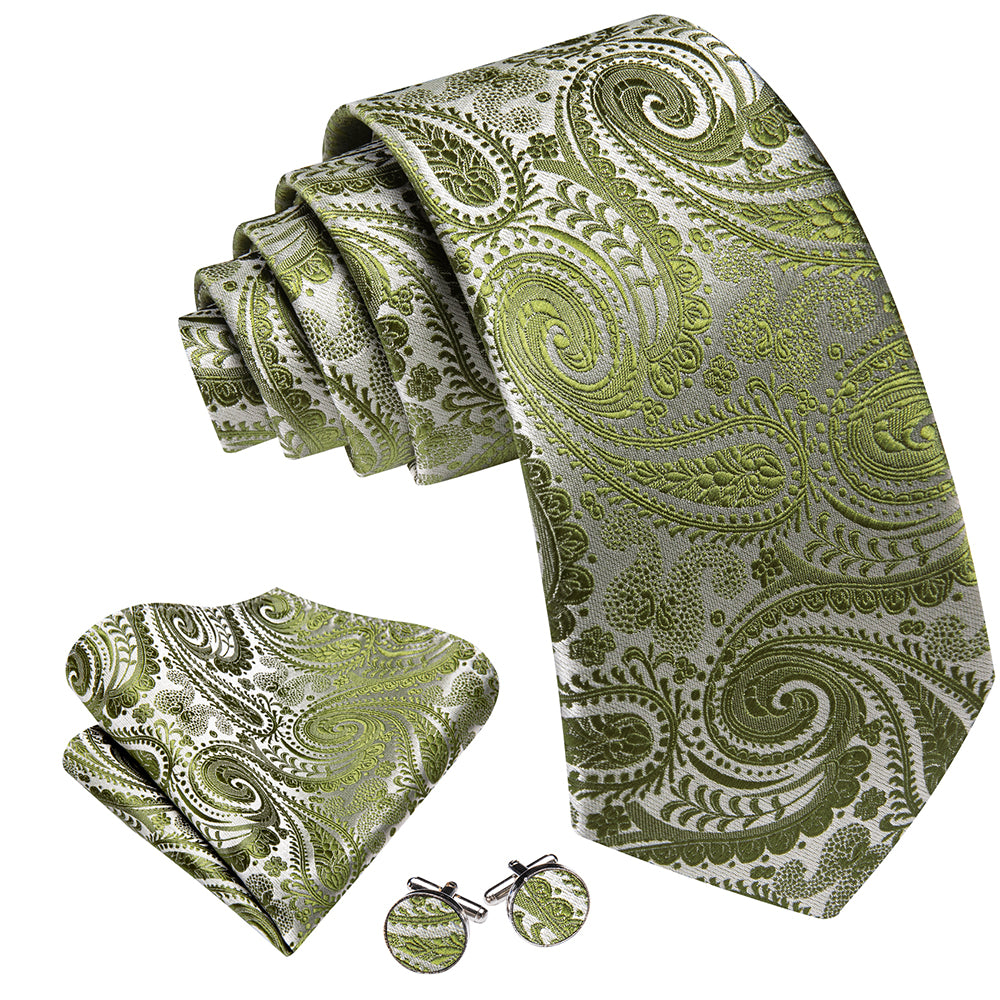 Barry. Wang Olive Green Paisley Ties for Men Silk Necktie Set