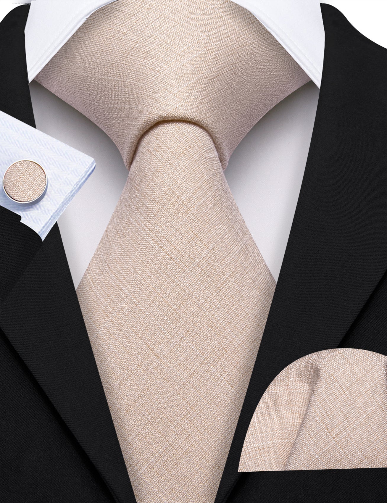 Barry. Wang Mens Champagne Solid Linen Tie Pocket Square Cufflinks Set