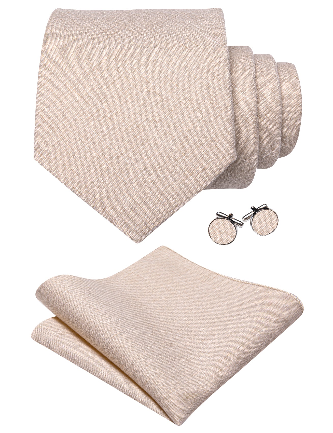 Barry. Wang Mens Champagne Solid Linen Tie Pocket Square Cufflinks Set