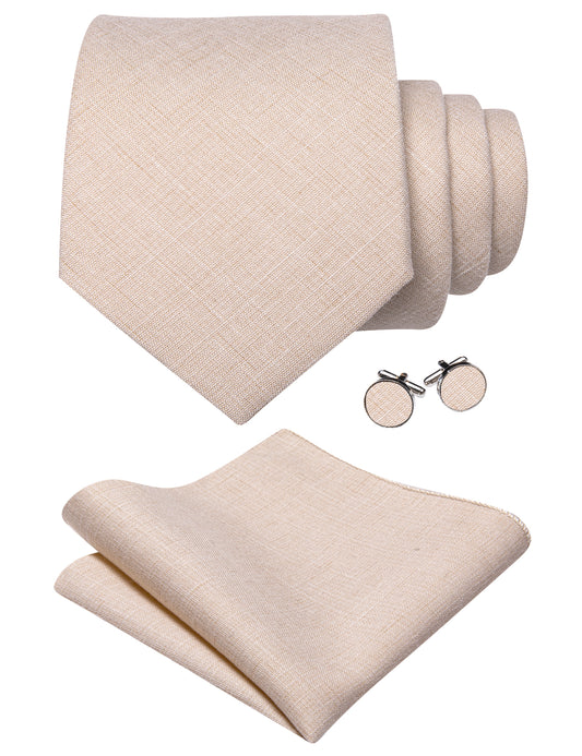 Barry. Wang Mens Champagne Solid Linen Tie Pocket Square Cufflinks Set