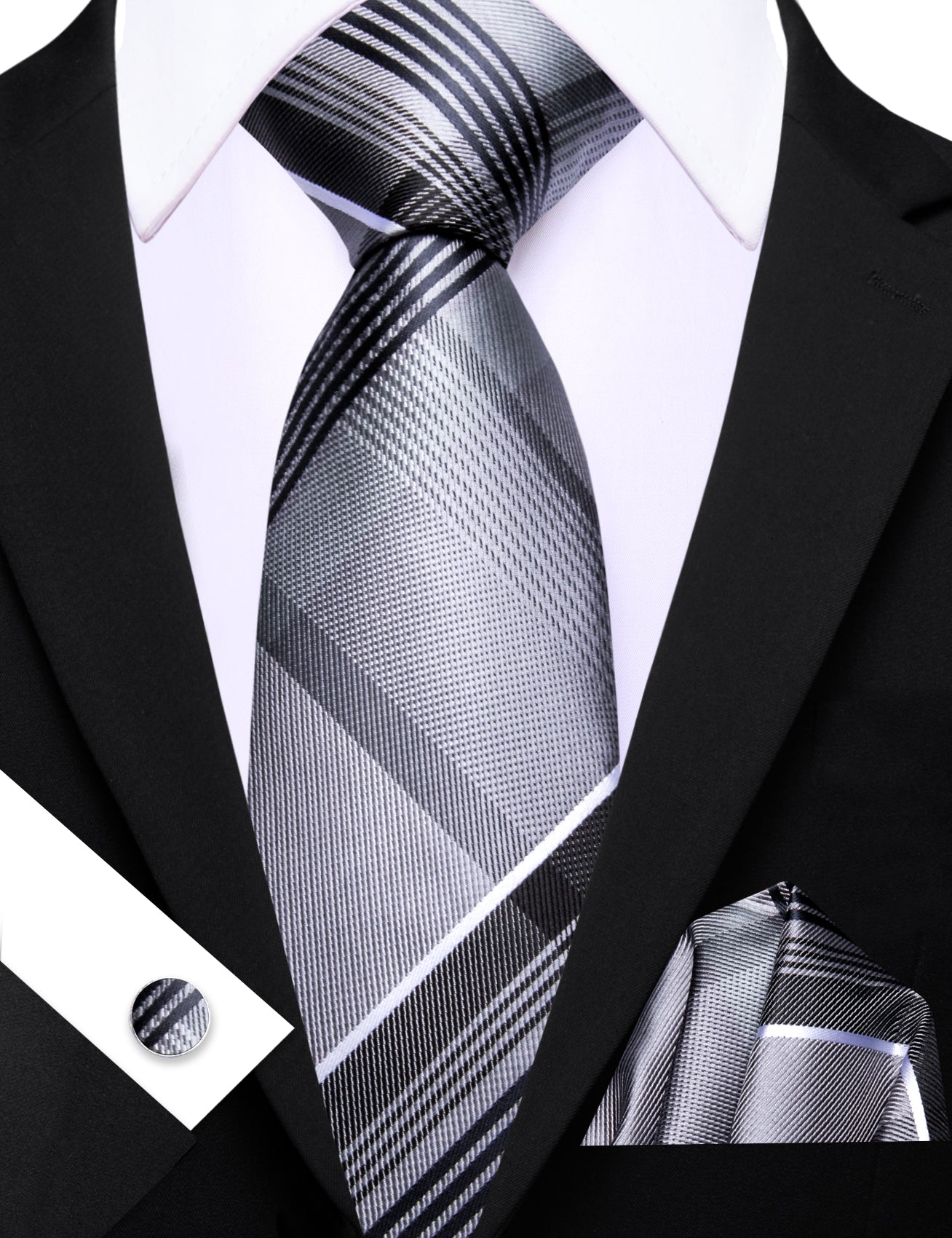 Barry. Wang Men's Necktie Silver Plaid Tie Handkerchief Cufflinks Set