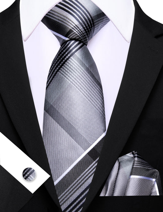 Barry. Wang Men's Necktie Silver Plaid Tie Handkerchief Cufflinks Set