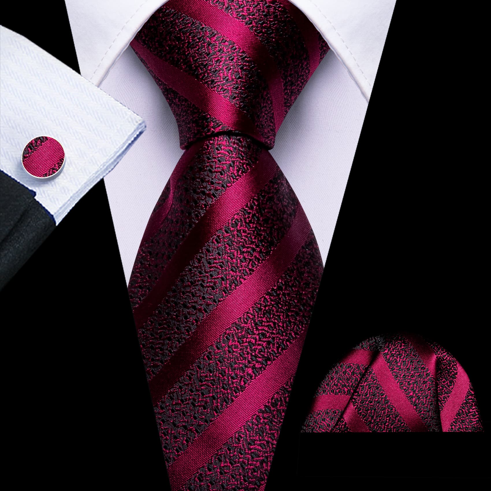 Barry. Wang Burgundy Tie Black Red Pattern Mens Tie Hanky Cufflinks Set Barry. Wang Burgundy Tie Black Red Pattern Mens Tie Hanky Cufflinks Set