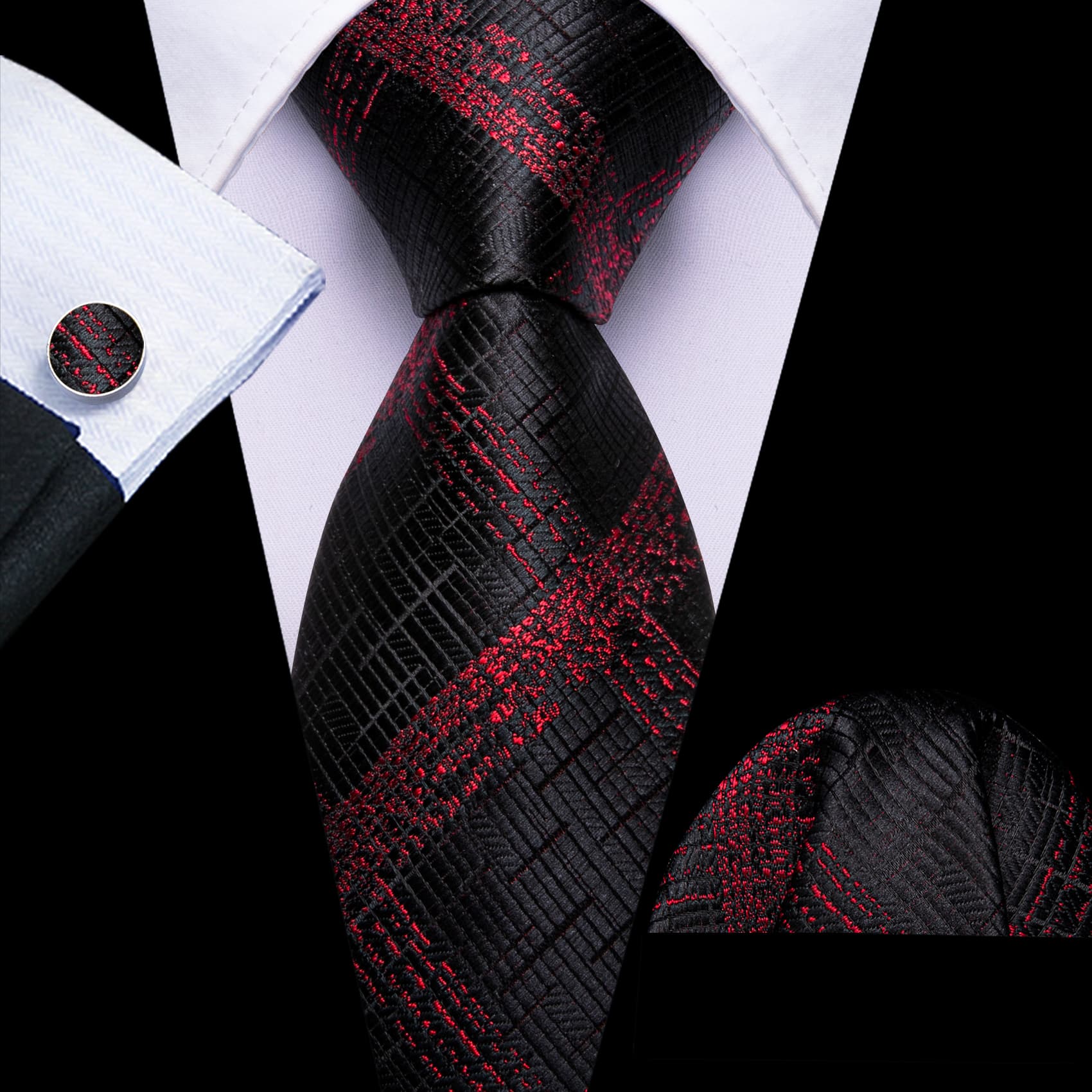 Wang Black Tie Dark Red Jacquard Stripes Plaid Tie Set for Men