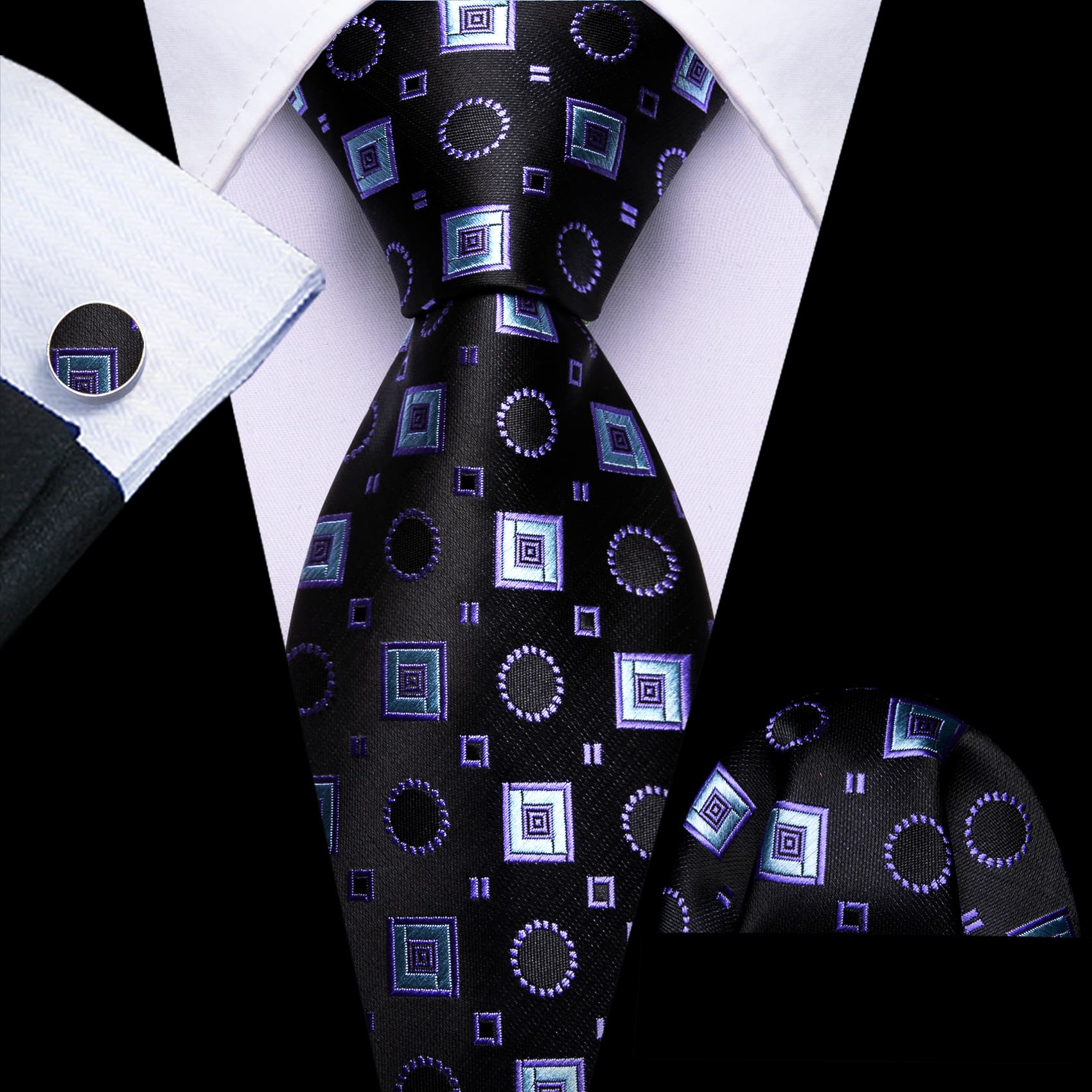 Black Tie Purple Blue Jacquard Squares Novelty Necktie Set