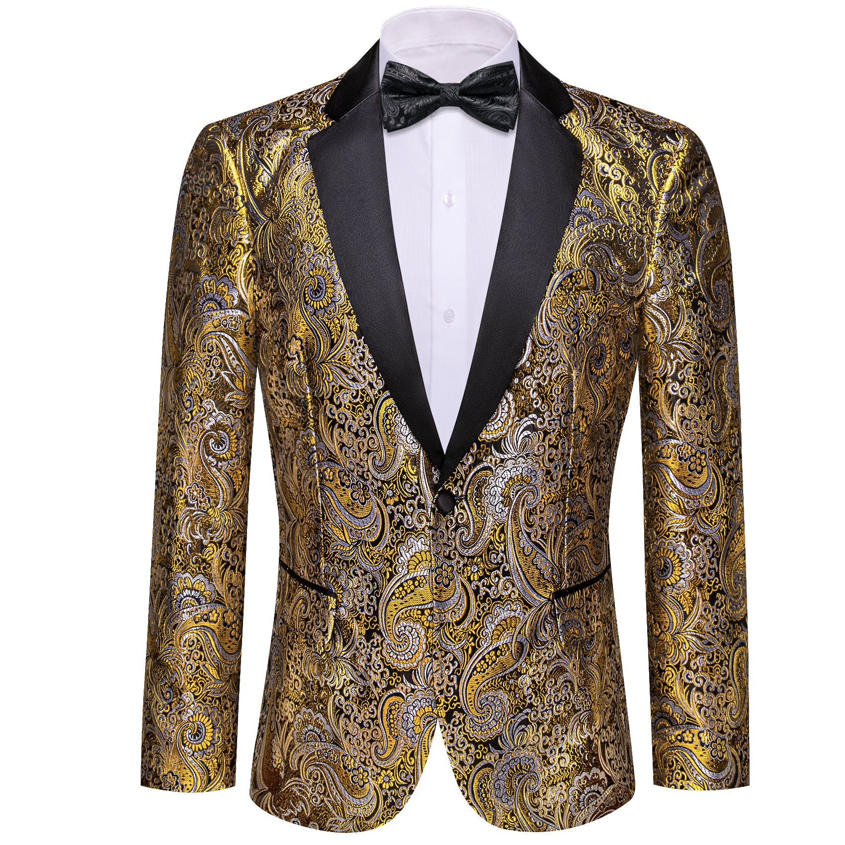 Barry. Wang Men's Gold Paisley Banquet Suit One Button Notch-Lapel Jacquard Wedding Tuxedos