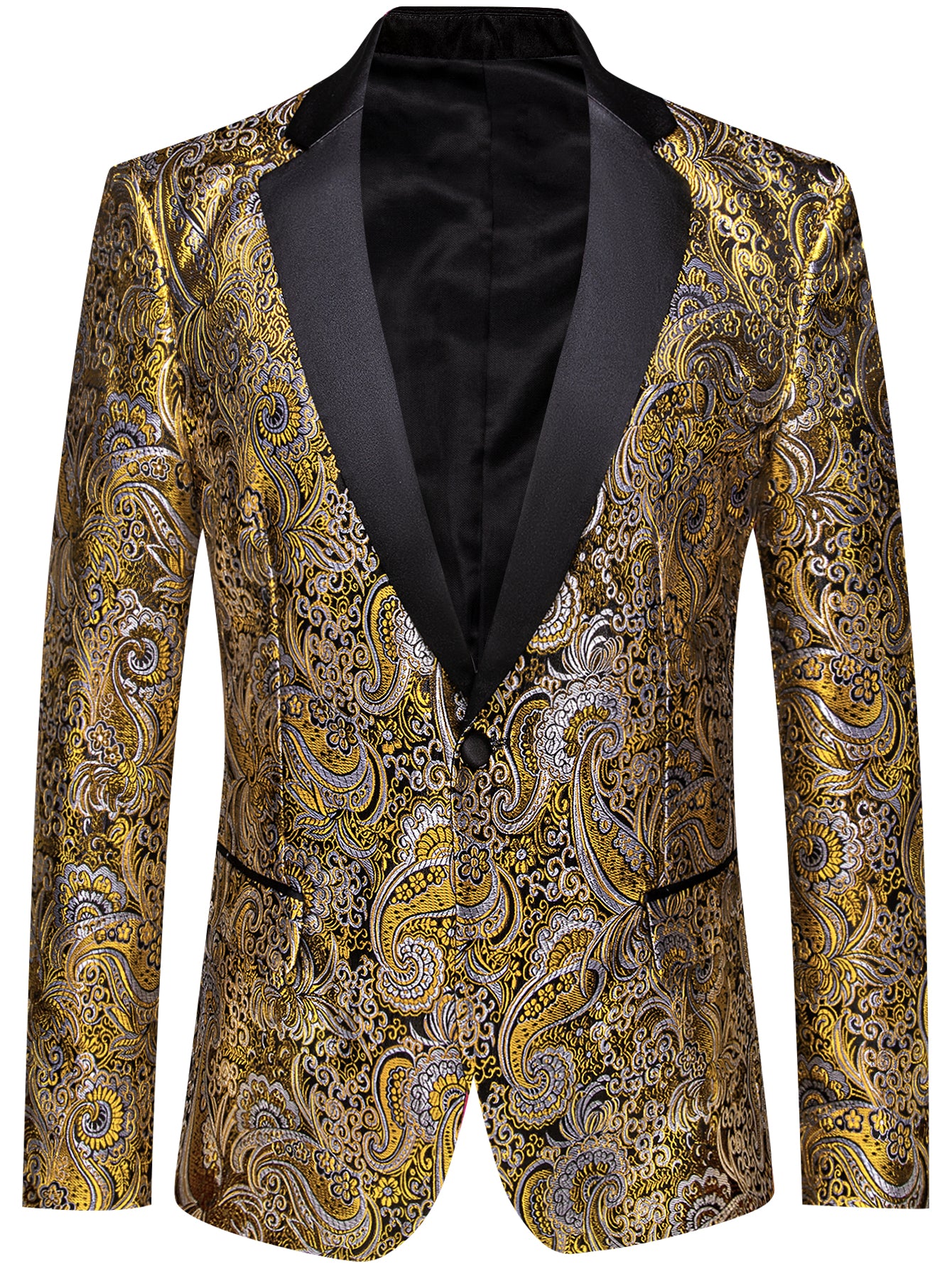 Barry. Wang Men's Gold Paisley Banquet Suit One Button Notch-Lapel Jacquard Wedding Tuxedos