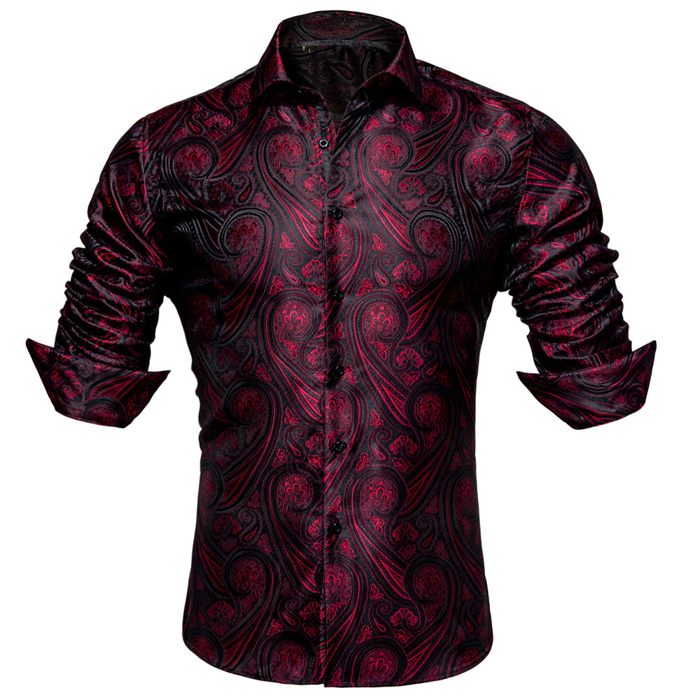 Barry. Wang Mens Western Shirt Silk Burgundy Paisley Long Sleeve Button Down Dress Shirt