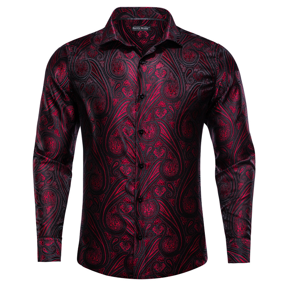 Barry. Wang Mens Western Shirt Silk Burgundy Paisley Long Sleeve Button Down Dress Shirt