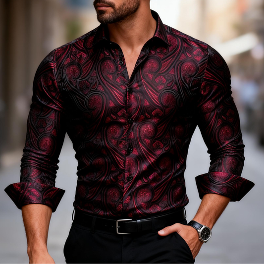 Barry. Wang Mens Western Shirt Silk Burgundy Paisley Long Sleeve Button Down Dress Shirt