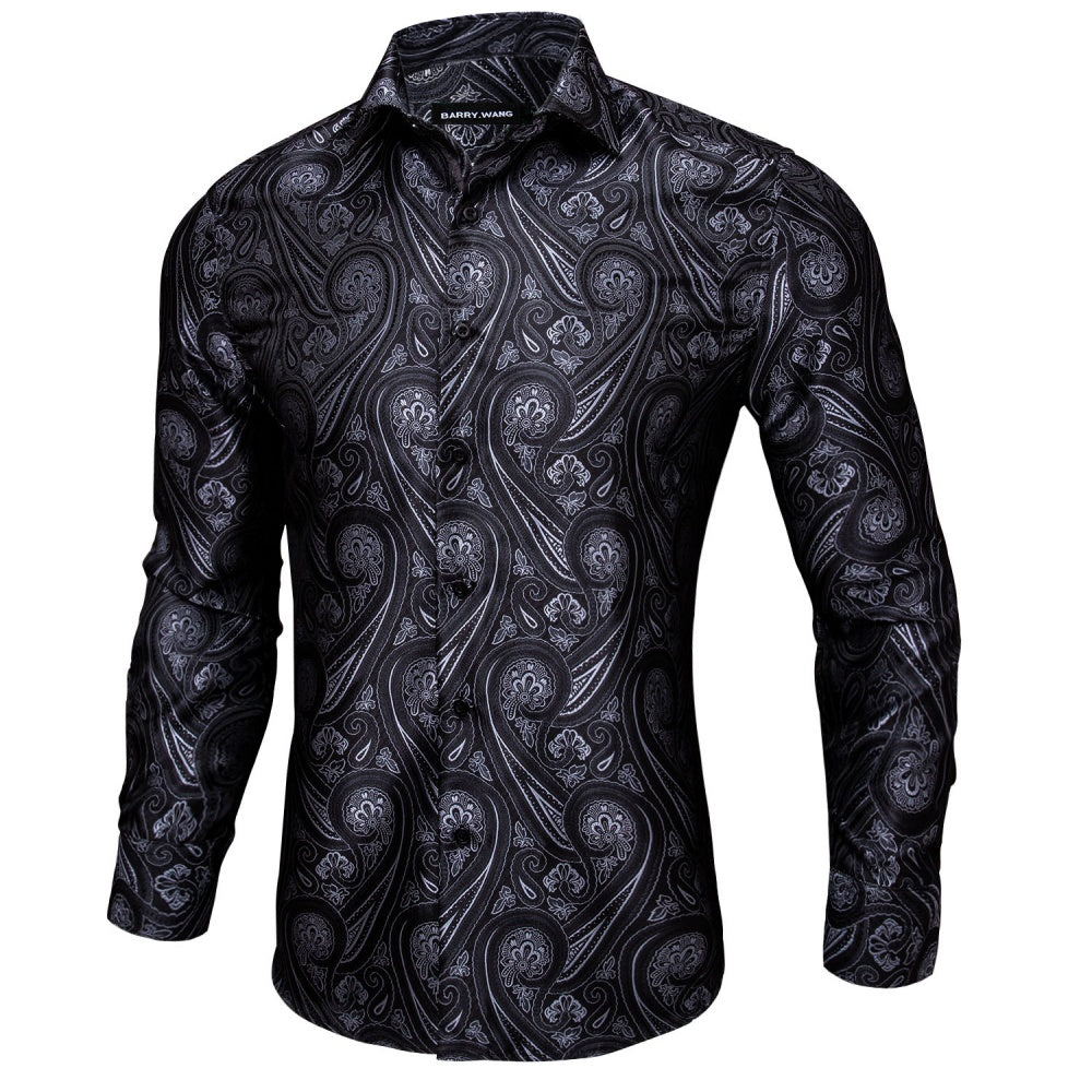 Barry. Wang Mens Western Shirt Black Grey Paisley Long Sleeve Button Down Dress Shirt