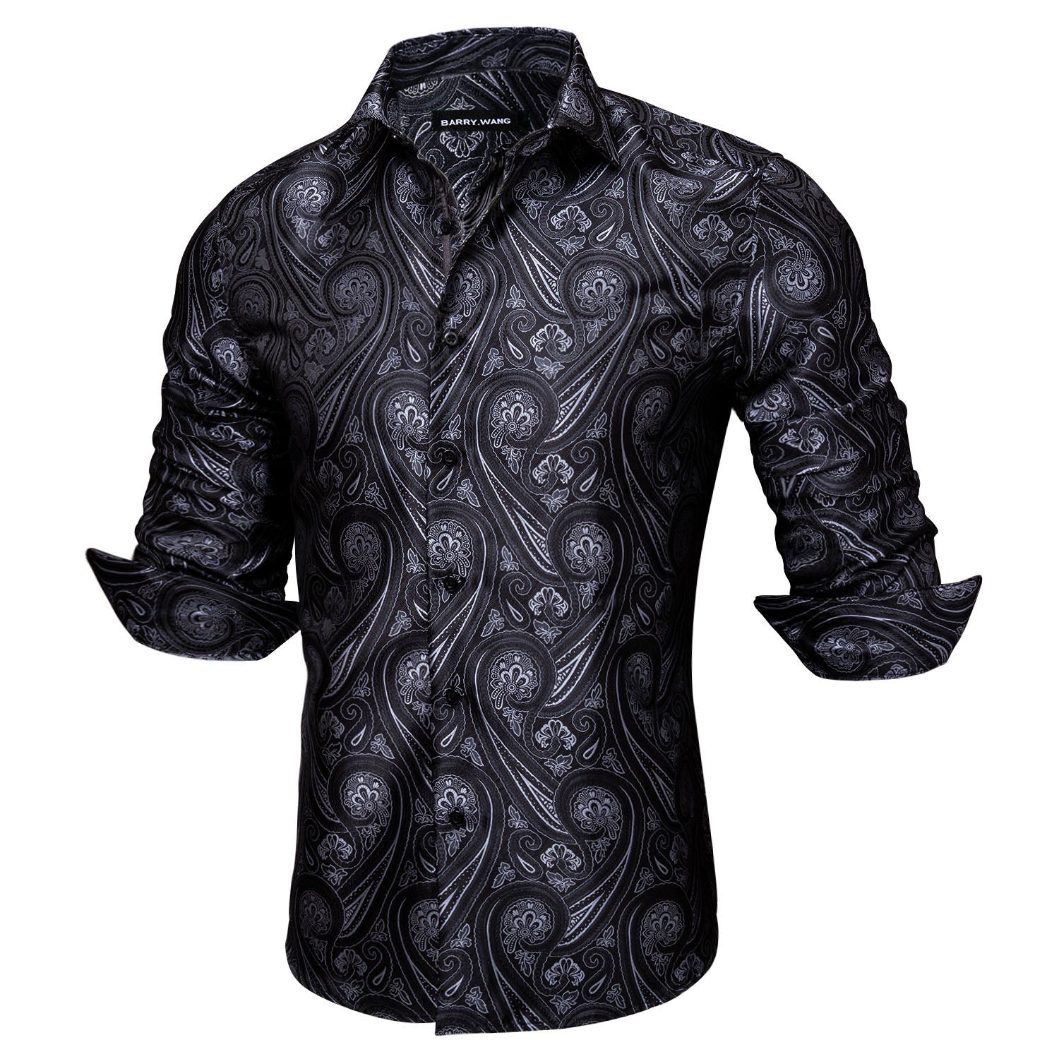 Barry. Wang Mens Western Shirt Black Grey Paisley Long Sleeve Button Down Dress Shirt