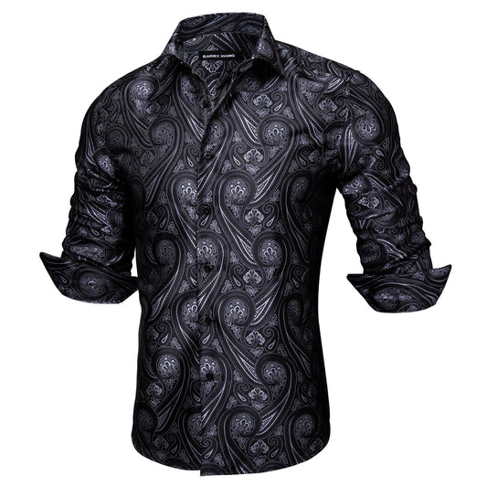 Barry. Wang Mens Western Shirt Black Grey Paisley Long Sleeve Button Down Dress Shirt