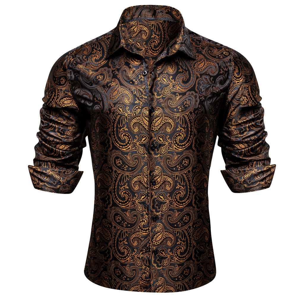 Barry. Wang Glod Casual Shirt for Men Paisley Long Sleeve Button Down Shirt