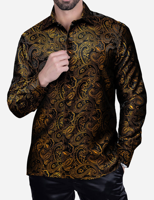 Barry. Wang Gold Casual Shirt for Men Paisley Long Sleeve Button Down Shirt
