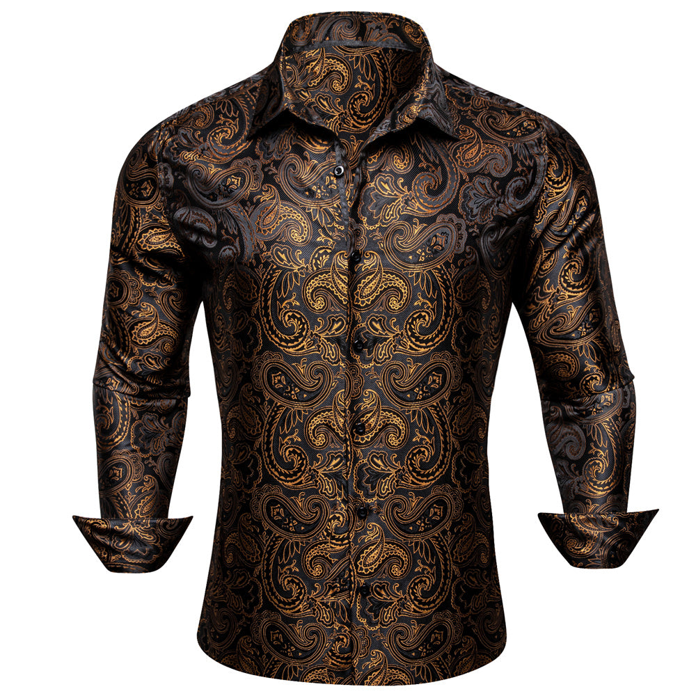Barry. Wang Gold Casual Shirt for Men Paisley Long Sleeve Button Down Shirt