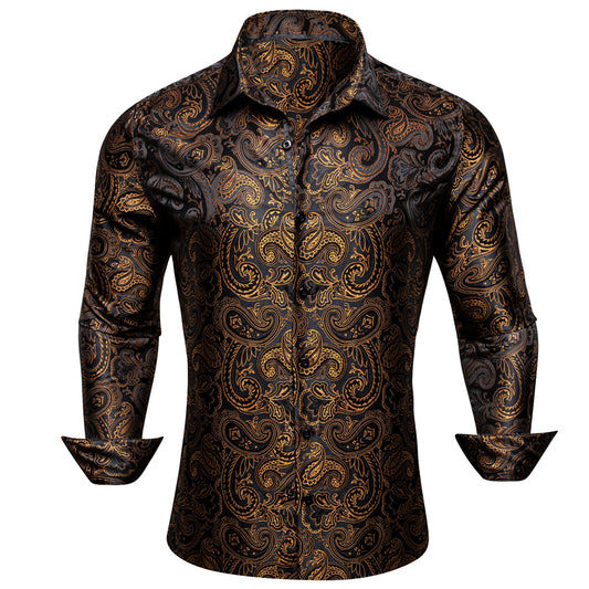 Barry.Wang 2pcs Mens Brown Black Dress Shirts Paisley 70s Disco Silk Long Sleeve Shirt