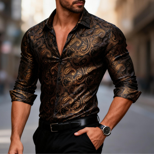 Barry. Wang Gold Casual Shirt for Men Paisley Long Sleeve Button Down Shirt