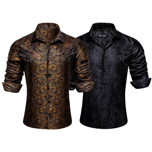 Barry.Wang 2pcs Mens Brown Black Dress Shirts Paisley 70s Disco Silk Long Sleeve Shirt