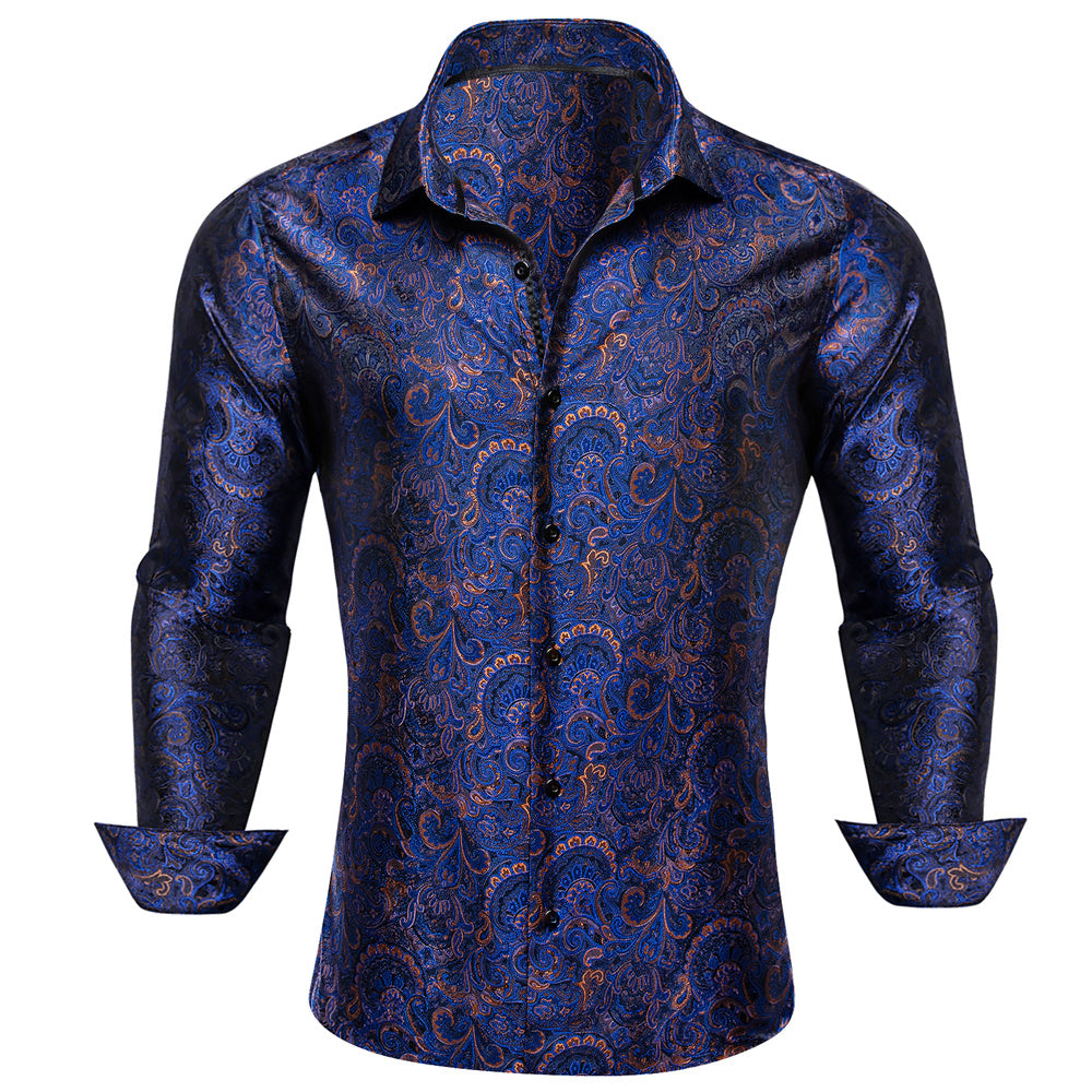 Barry. Wang Mens Paisley Dress Shirt Navy Blue 70s Disco Long Sleeve Button Down Shirt