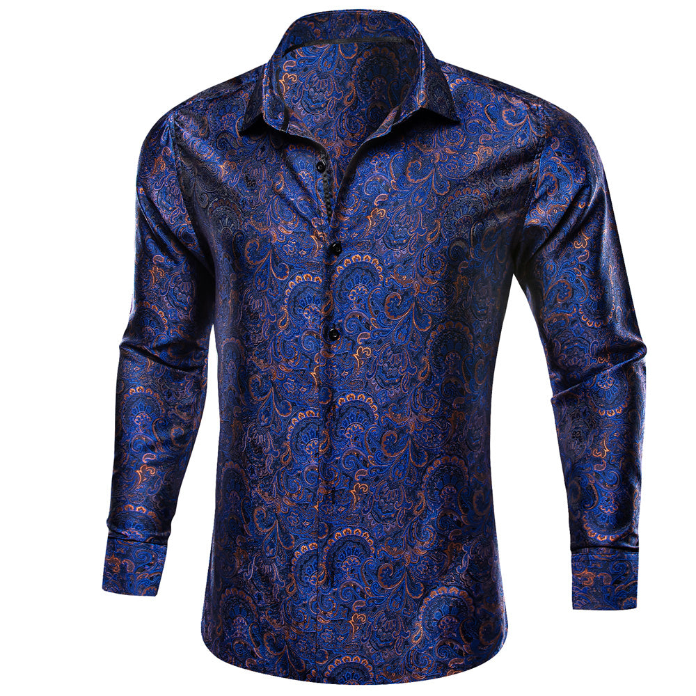Barry. Wang Mens Paisley Dress Shirt Navy Blue 70s Disco Long Sleeve Button Down Shirt