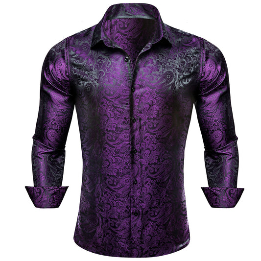 Barry.Wang 2pcs Men Dress Shirts Brown Purple Paisley Shirt Silk Long Sleeve Shirt